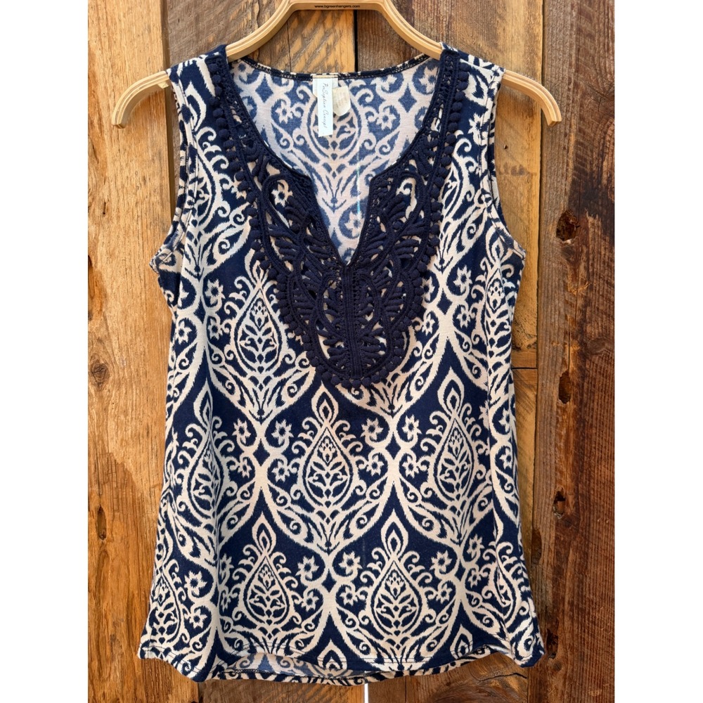 Crochet Lace Tank Top Womens Small Boho Coastal Preppy Resort Stretch Navy